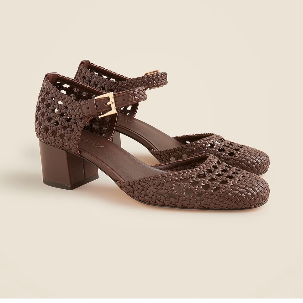 J. Crew Brown Woven Ankle-Strap Block Heel Pumps